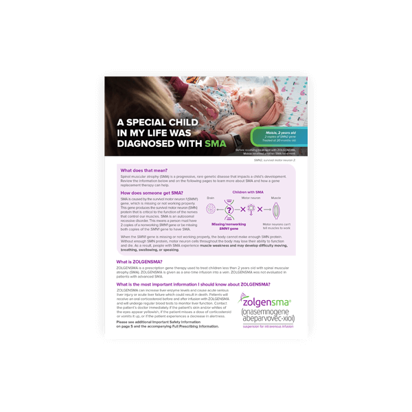 Information about the disease and treatment received by a patient with SMA.