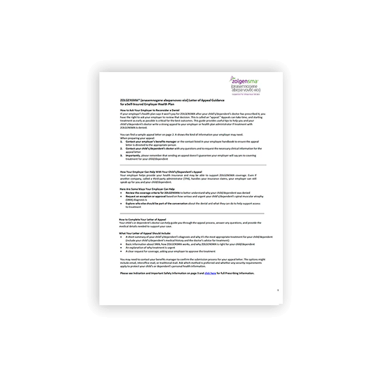 Thumbnail for the ZOLGENSMA Letter of Appeal Guide for a Self-Insured Employer Health Plan